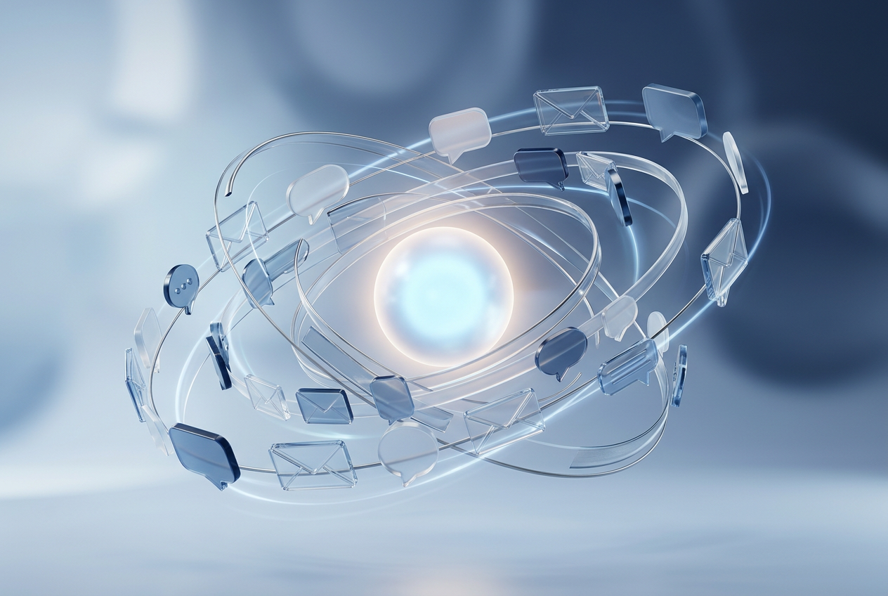 Glass envelopes and message bubbles orbiting a glowing node, representing lifecycle messaging