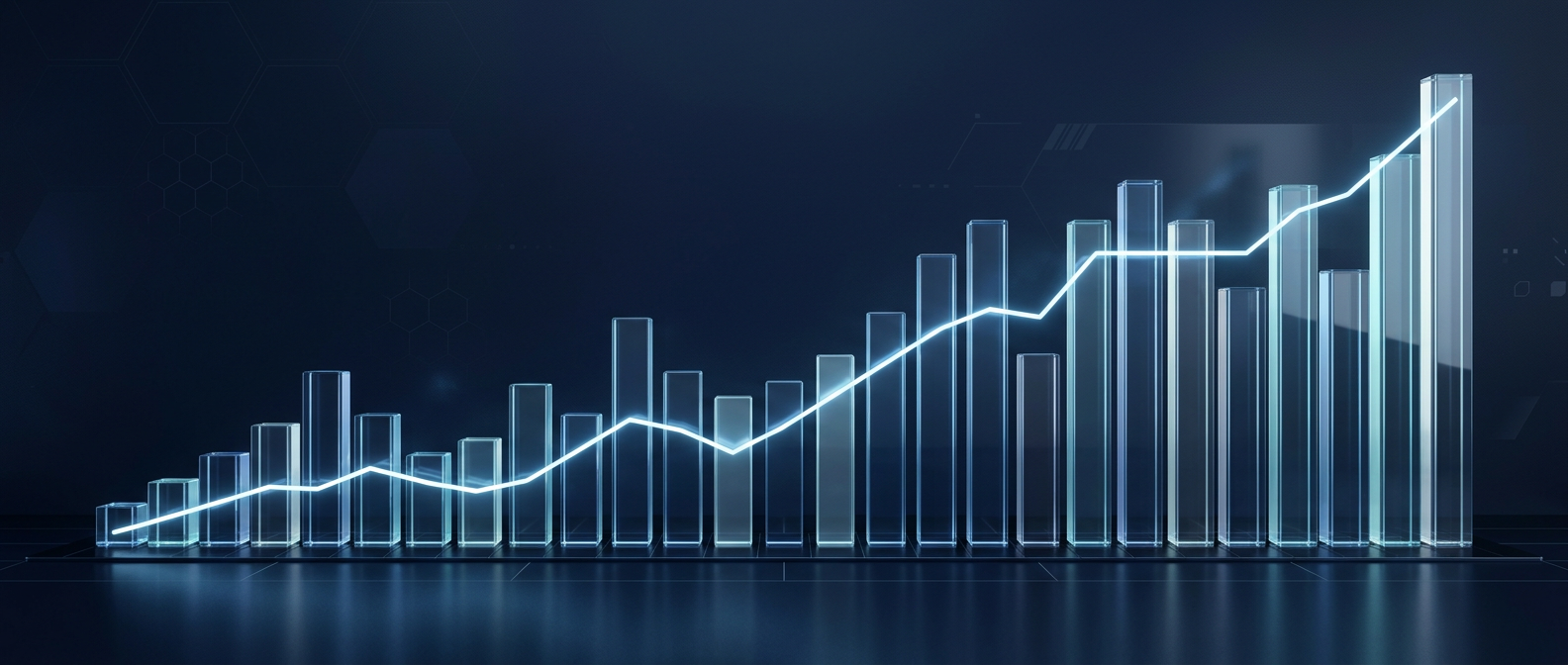 Glass columns and a rising line of light, representing growth reporting
