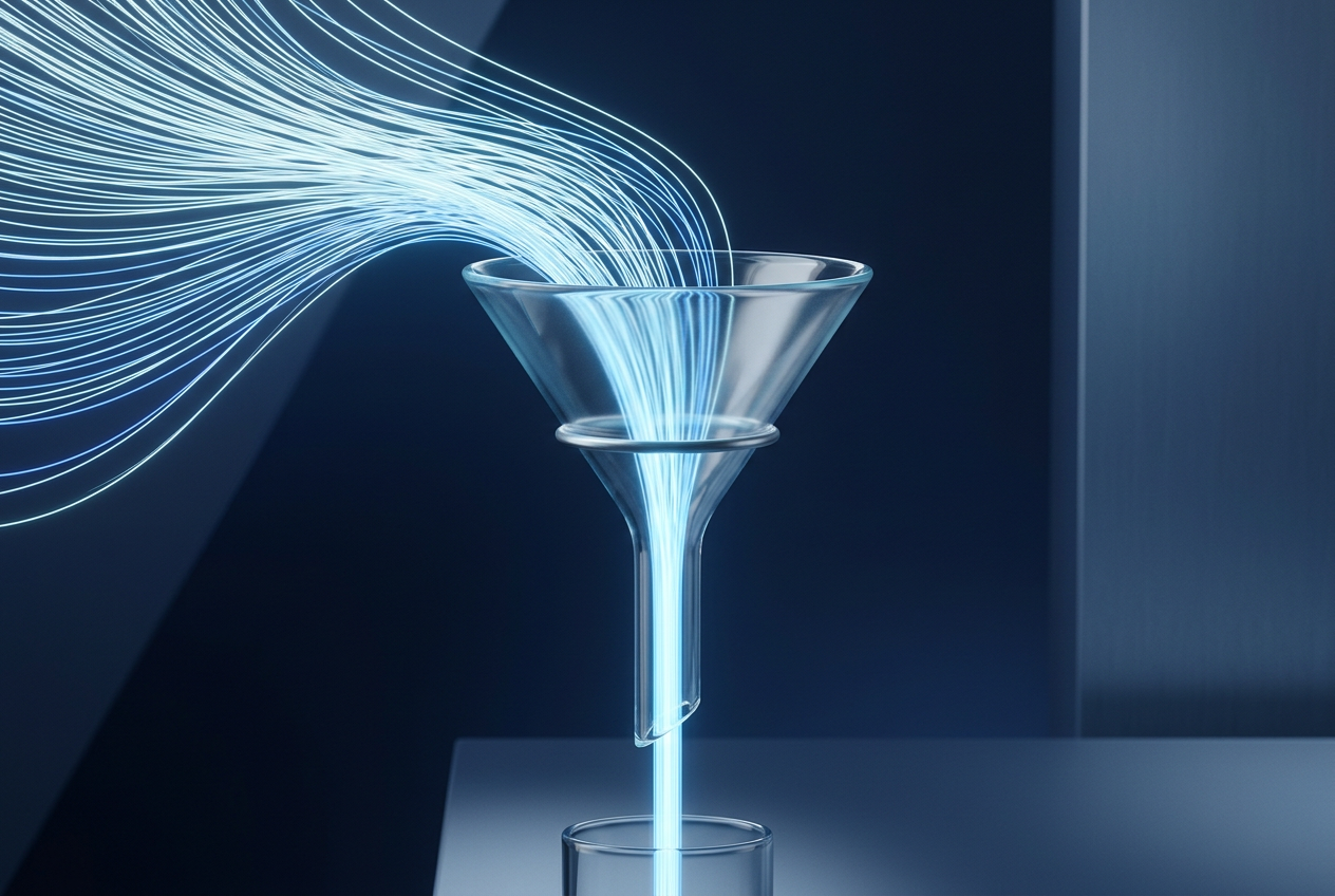 Glowing lines converging through a glass funnel, representing lead routing